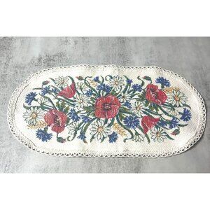 Vintage Halltex Austrian Folk Art Doily Oval Floral Art Crochet Trim 13.5" x7.5"